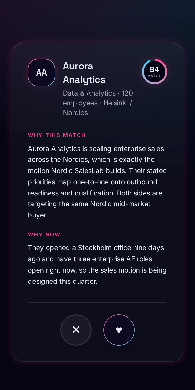 Match Engine demo: Aurora Analytics as a 92% match, with pass, boost and interested buttons — swipe right to connect