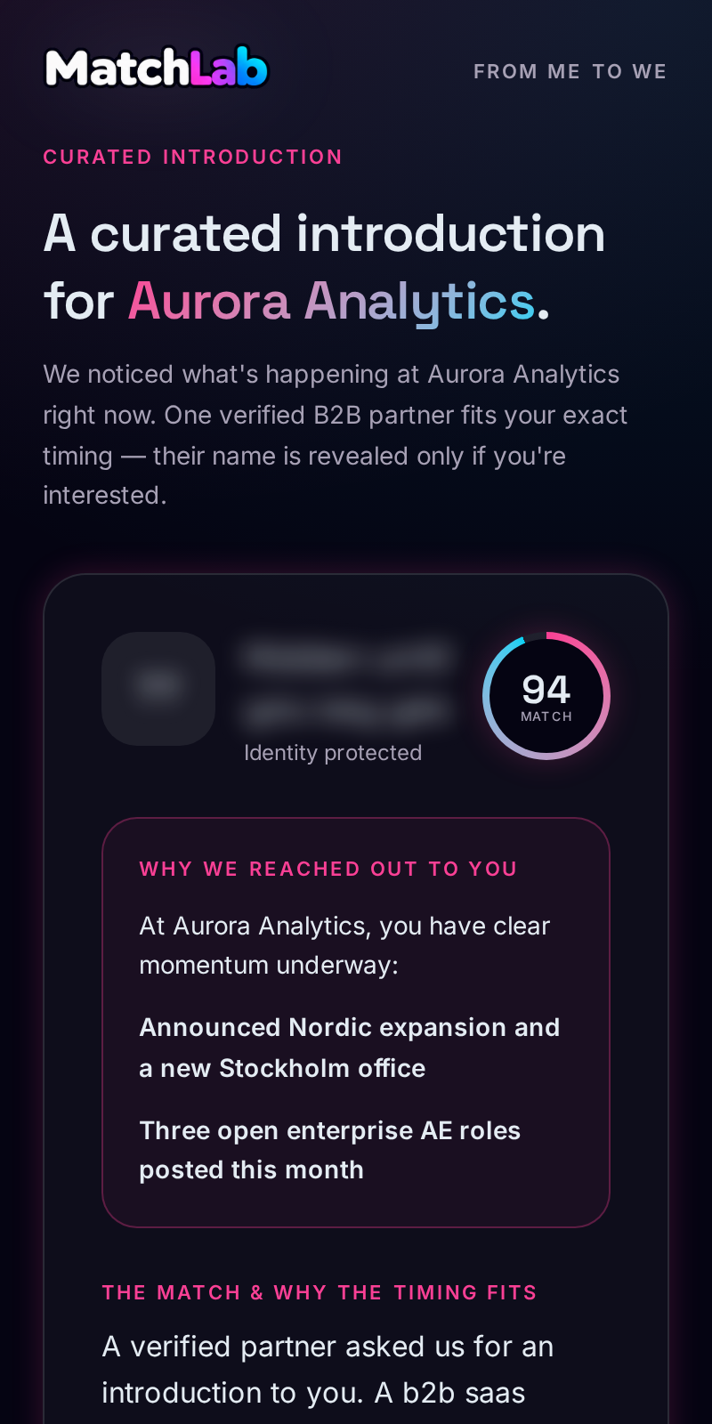 Demo: it's a match with Aurora Analytics — both sides showed interest